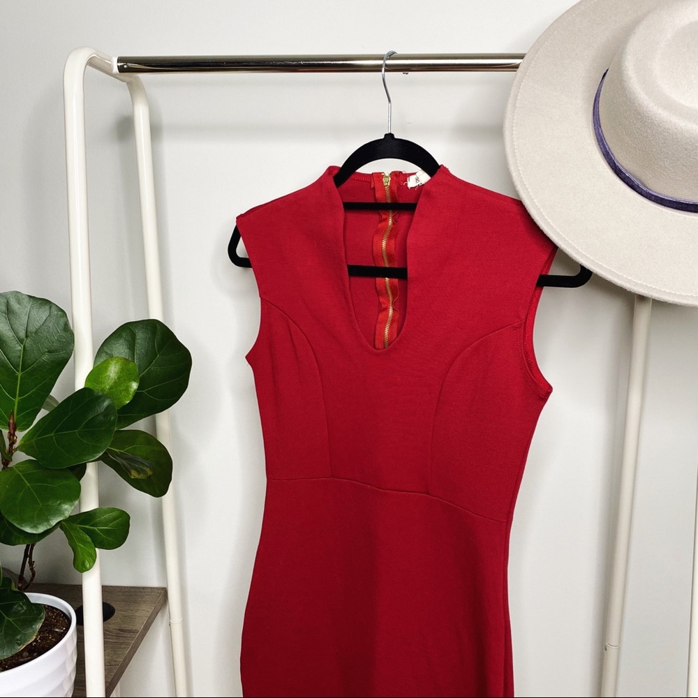 Red Plunging Neck Bodycon Work Dress